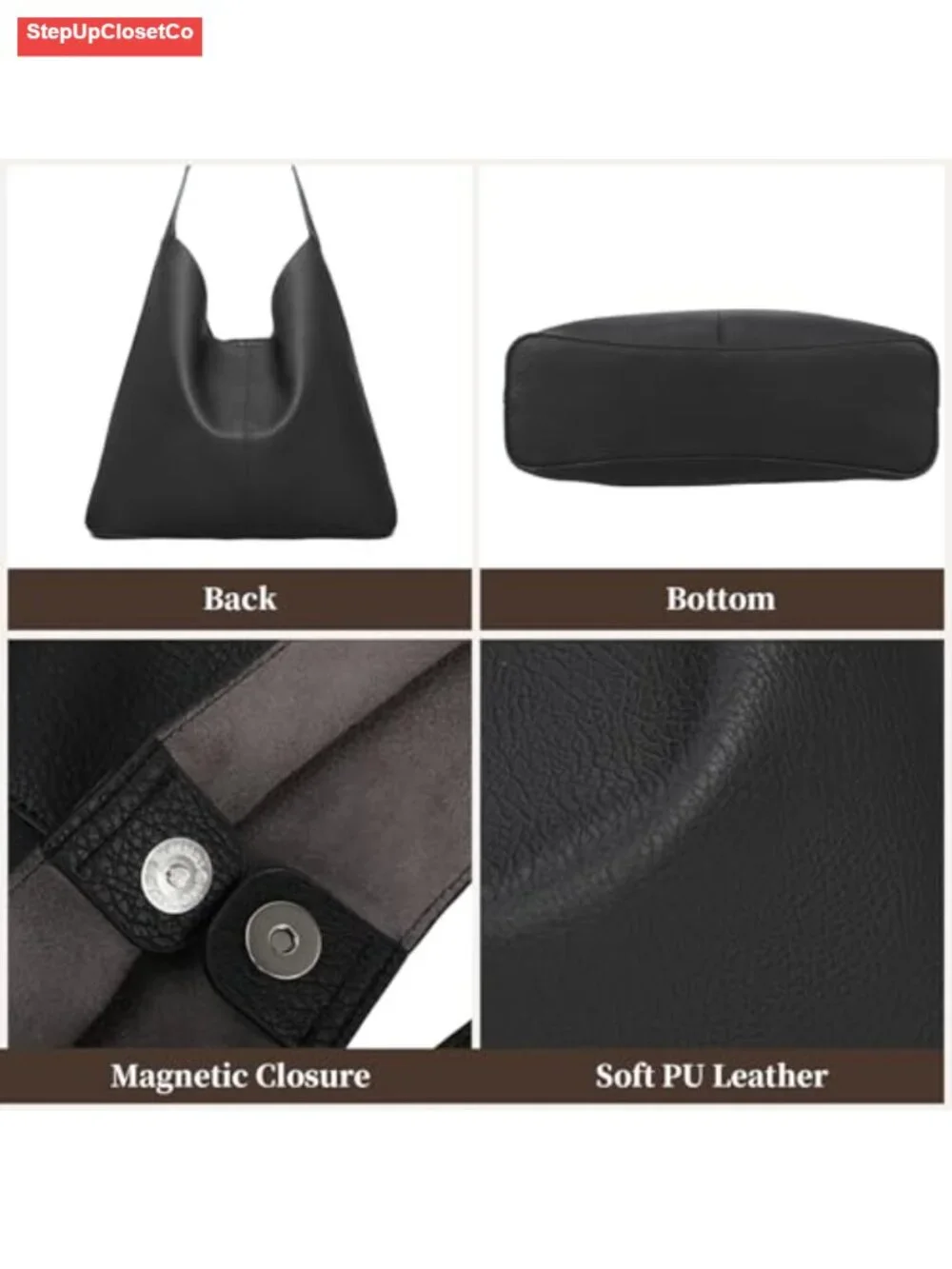 Soft Vegan Leather Hobo Bag Slouchy Shoulder Tote Lightweight Purse Work Travel